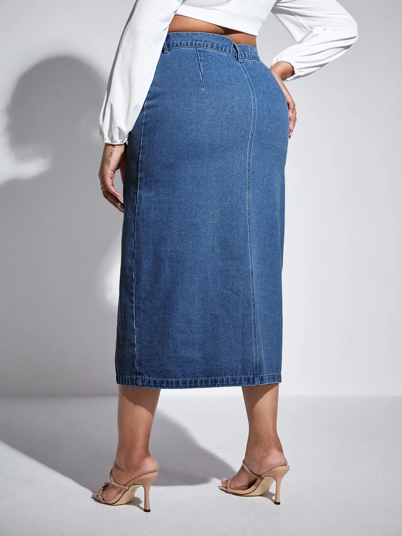 Plus Button Front Denim Skirt