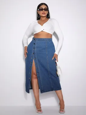 Plus Button Front Denim Skirt