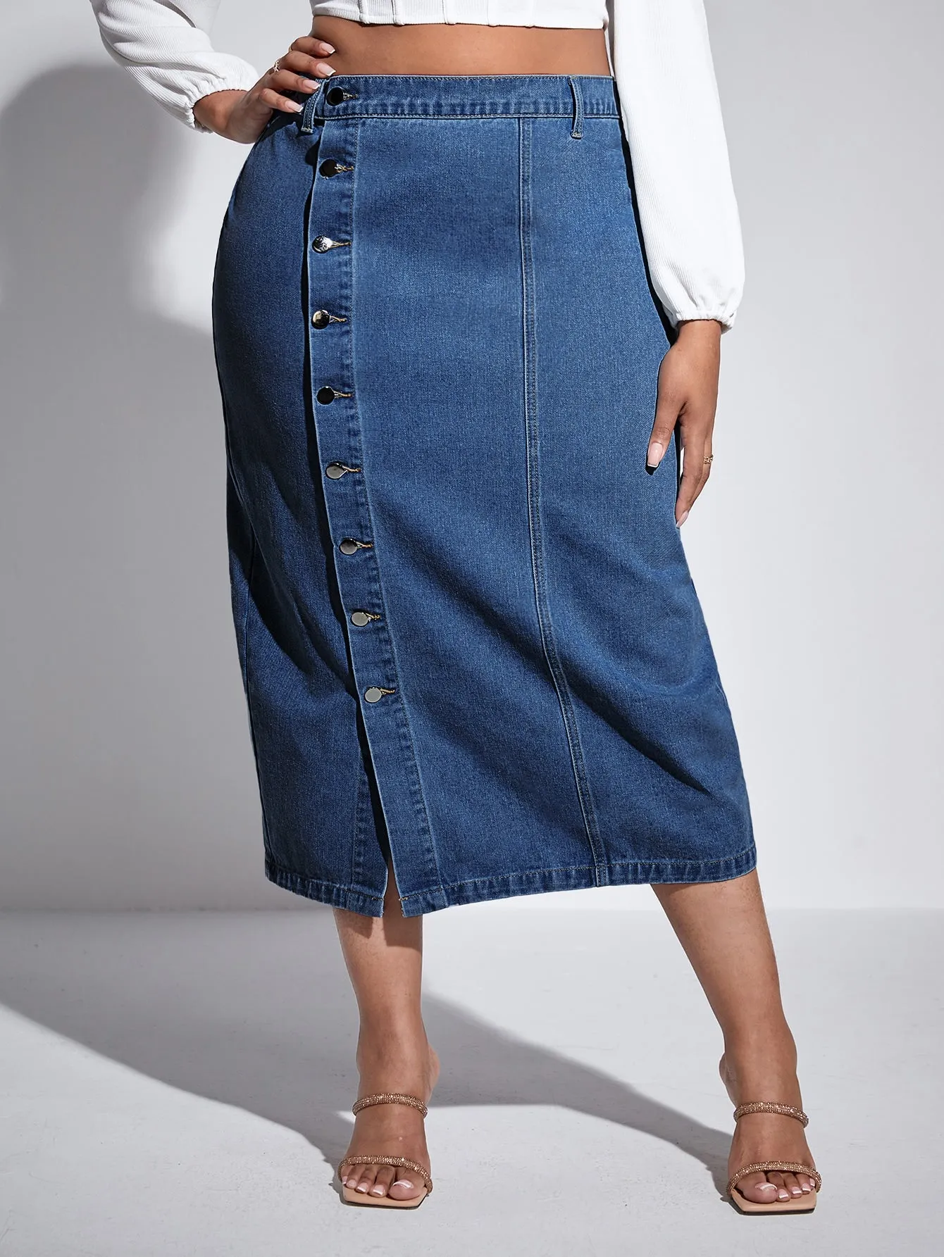 Plus Button Front Denim Skirt