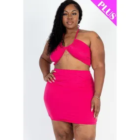 Plus Size Sexy Solid Crisscross Halter Top & Ruched Mini Skirt Set