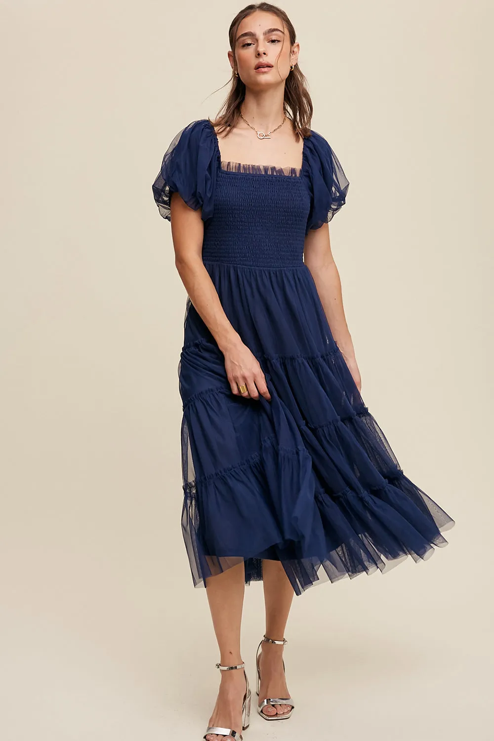 Puff Sleeve Smocked Mesh Maxi Dress