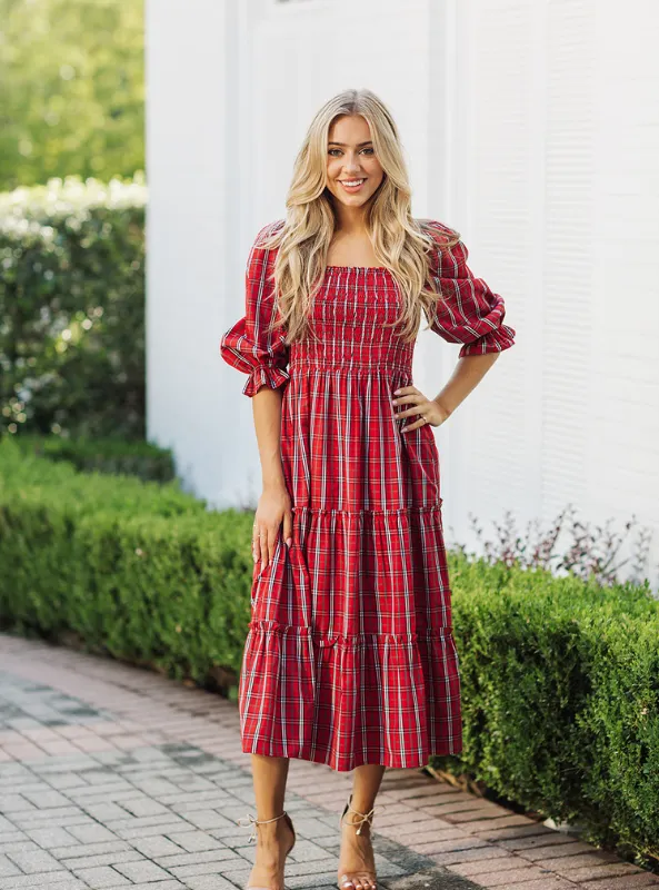 Red Mini Gingham Rayna Ruched Midi Dress