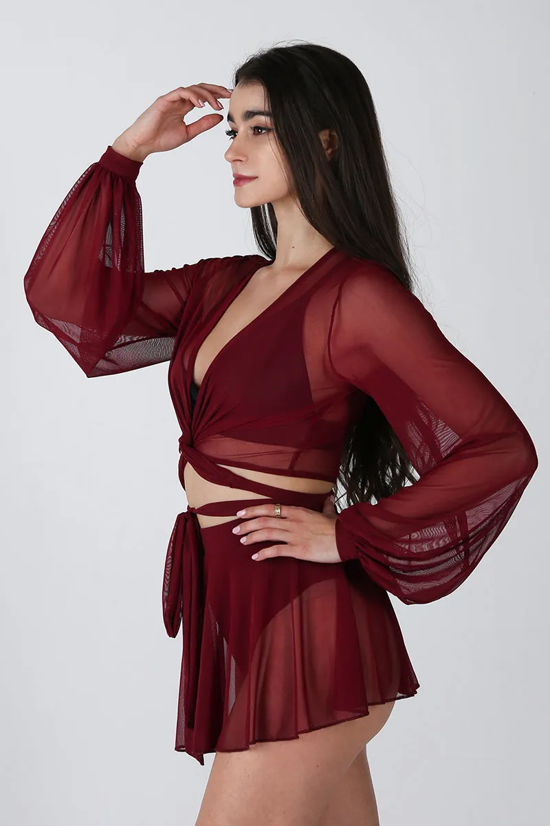 REV ACTIV Mesh Wrap Blouse - Wine