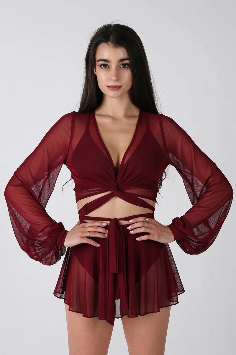 REV ACTIV Mesh Wrap Blouse - Wine