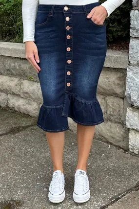 Ruffled Hem Denim Skirt (Dk. Indigo)