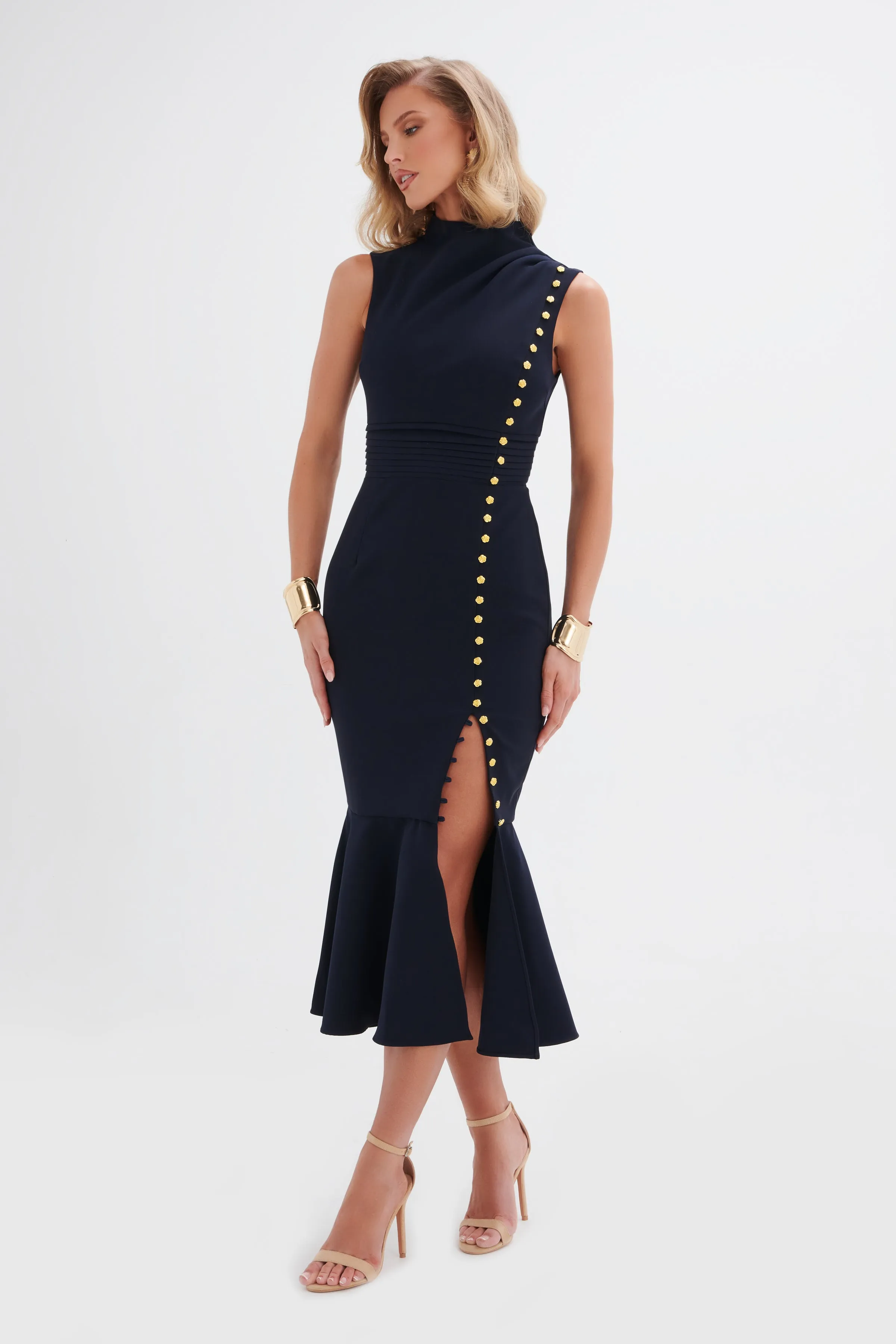 Elegant Navy Blue Midi Dress with High Neck and Rose Buttons - SAFFRON