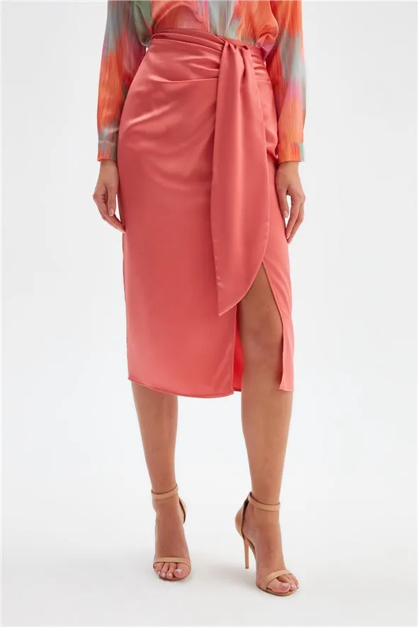 Satin Pencil Skirt with Detail and Slit- Coral