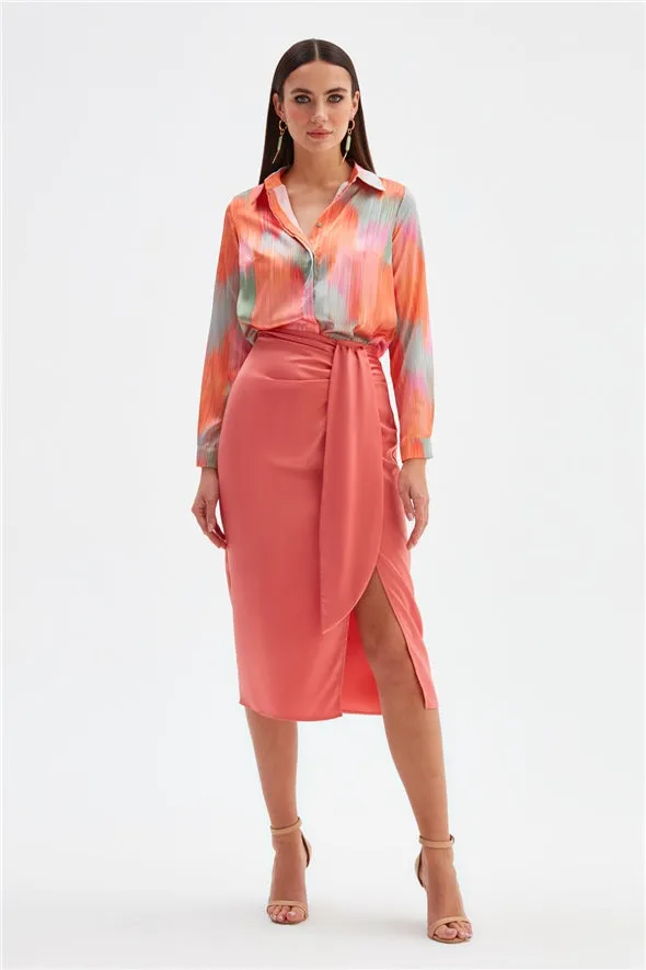 Satin Pencil Skirt with Detail and Slit- Coral