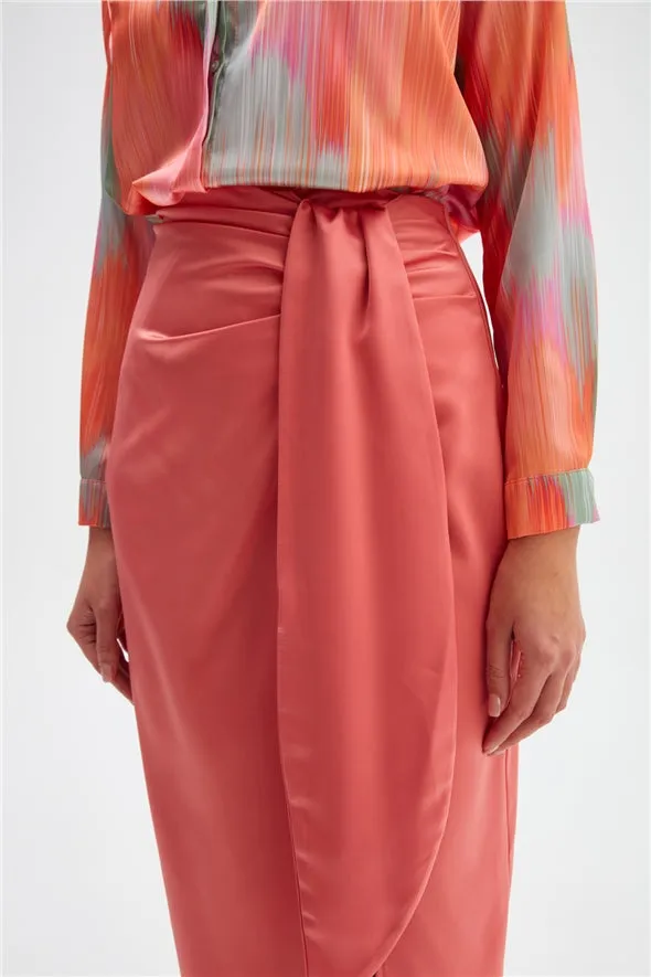 Satin Pencil Skirt with Detail and Slit- Coral