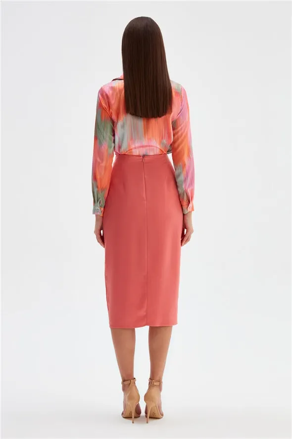 Satin Pencil Skirt with Detail and Slit- Coral