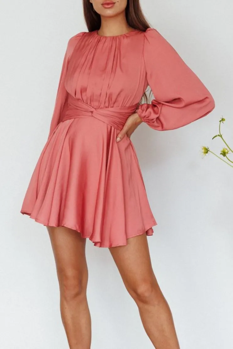 Serena Long Sleeve Satin Mini - Rose Pink