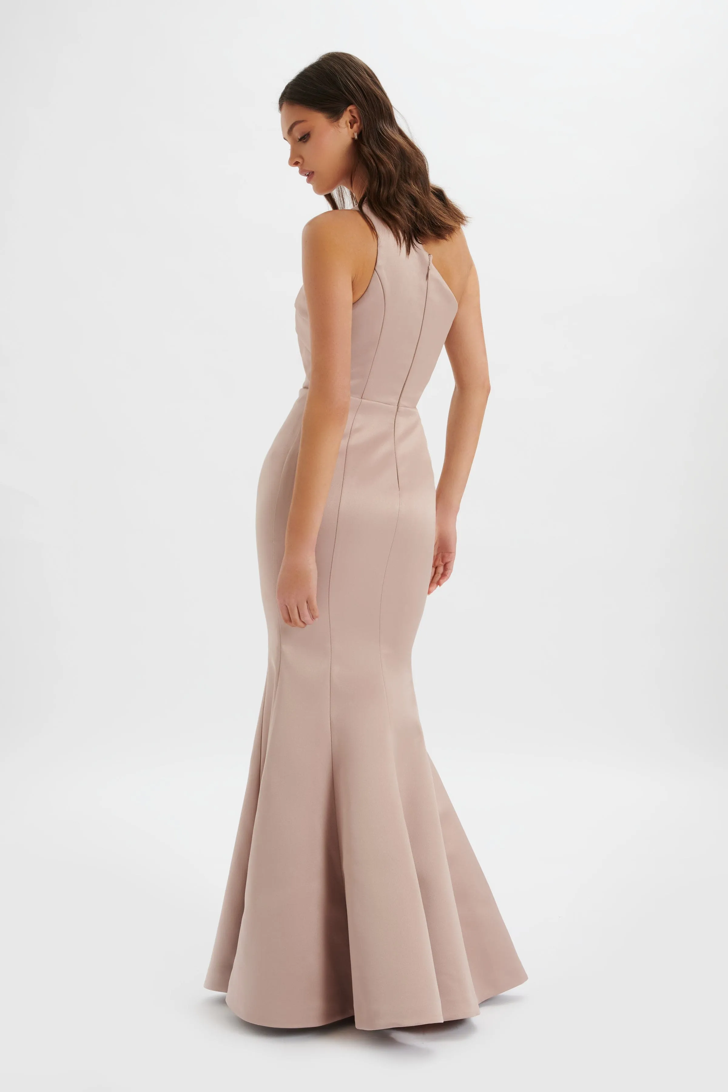 SHAILENE Bonded Satin Asymmetric Maxi Dress In Mink