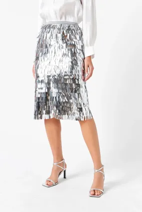 Metallic Silver Fringed Midi Skirt