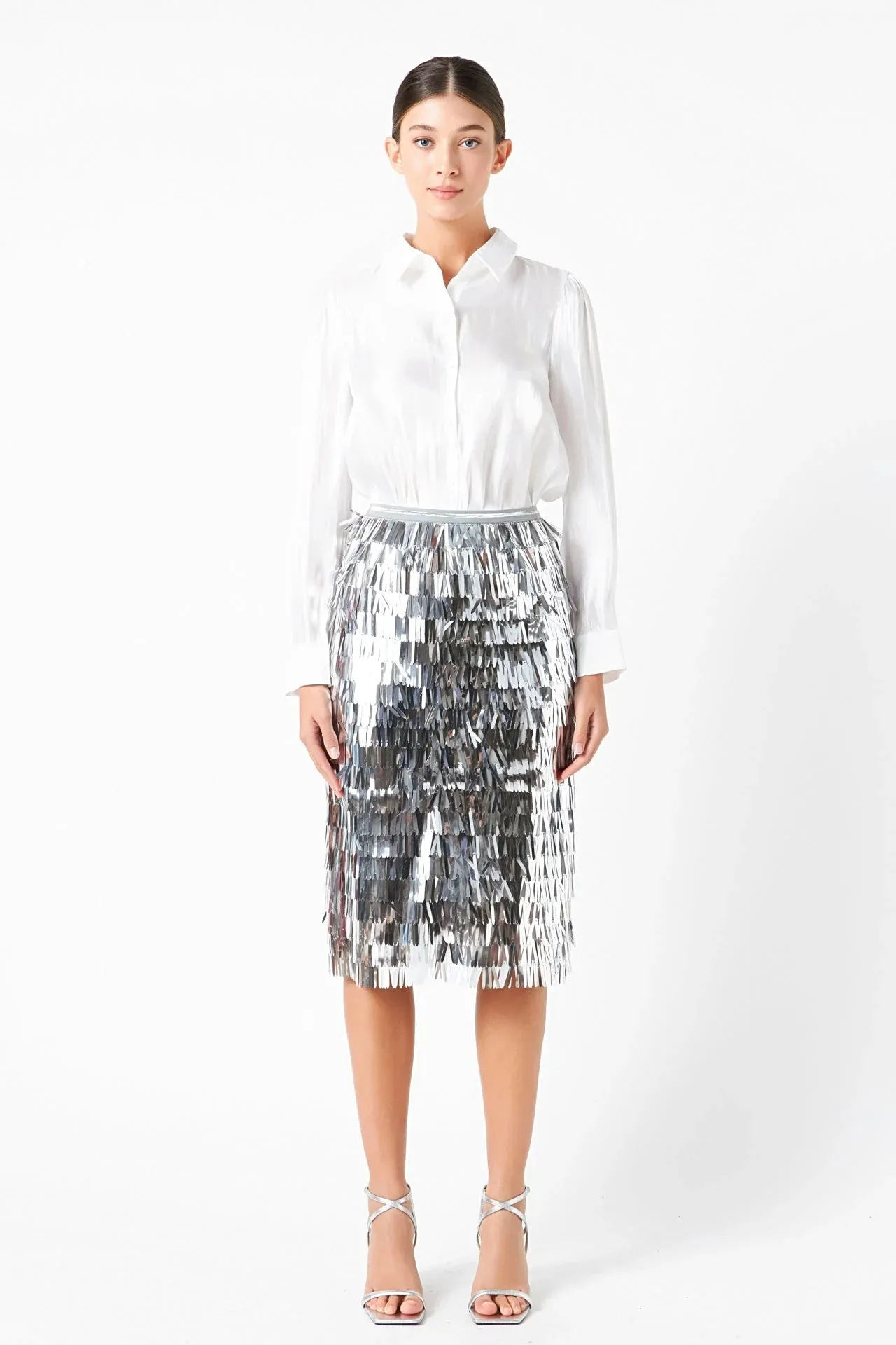 Metallic Silver Fringed Midi Skirt