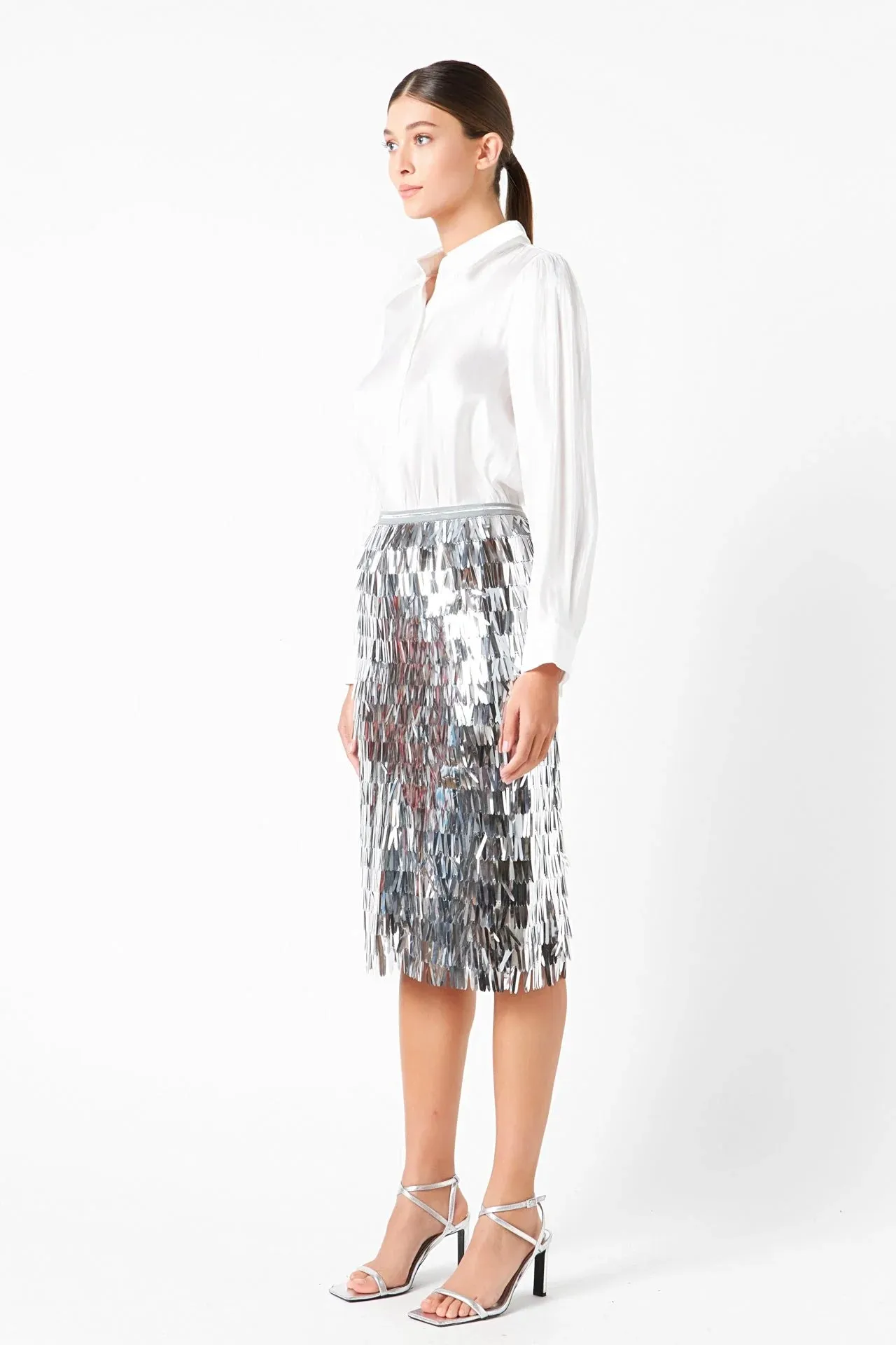 Metallic Silver Fringed Midi Skirt