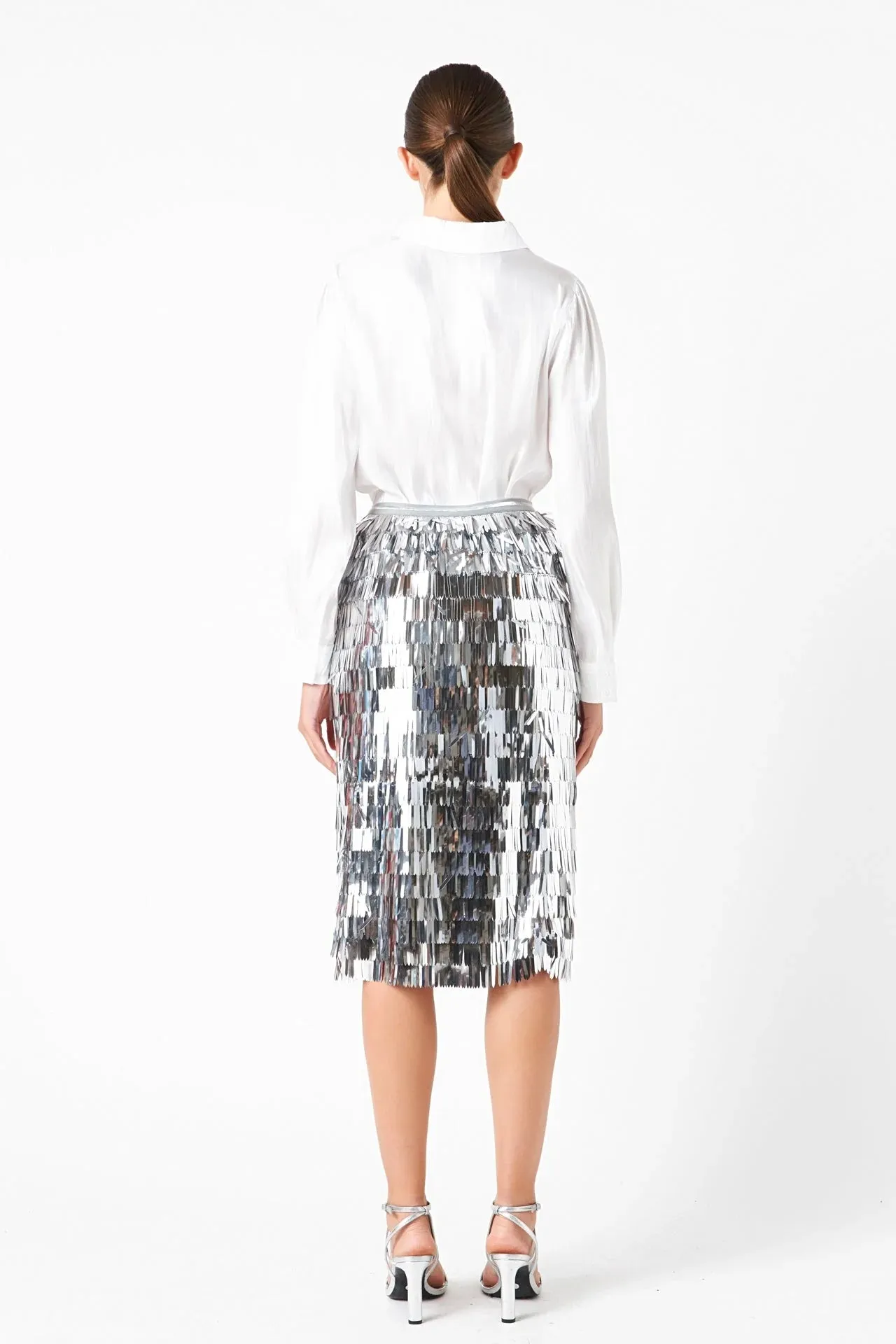 Metallic Silver Fringed Midi Skirt