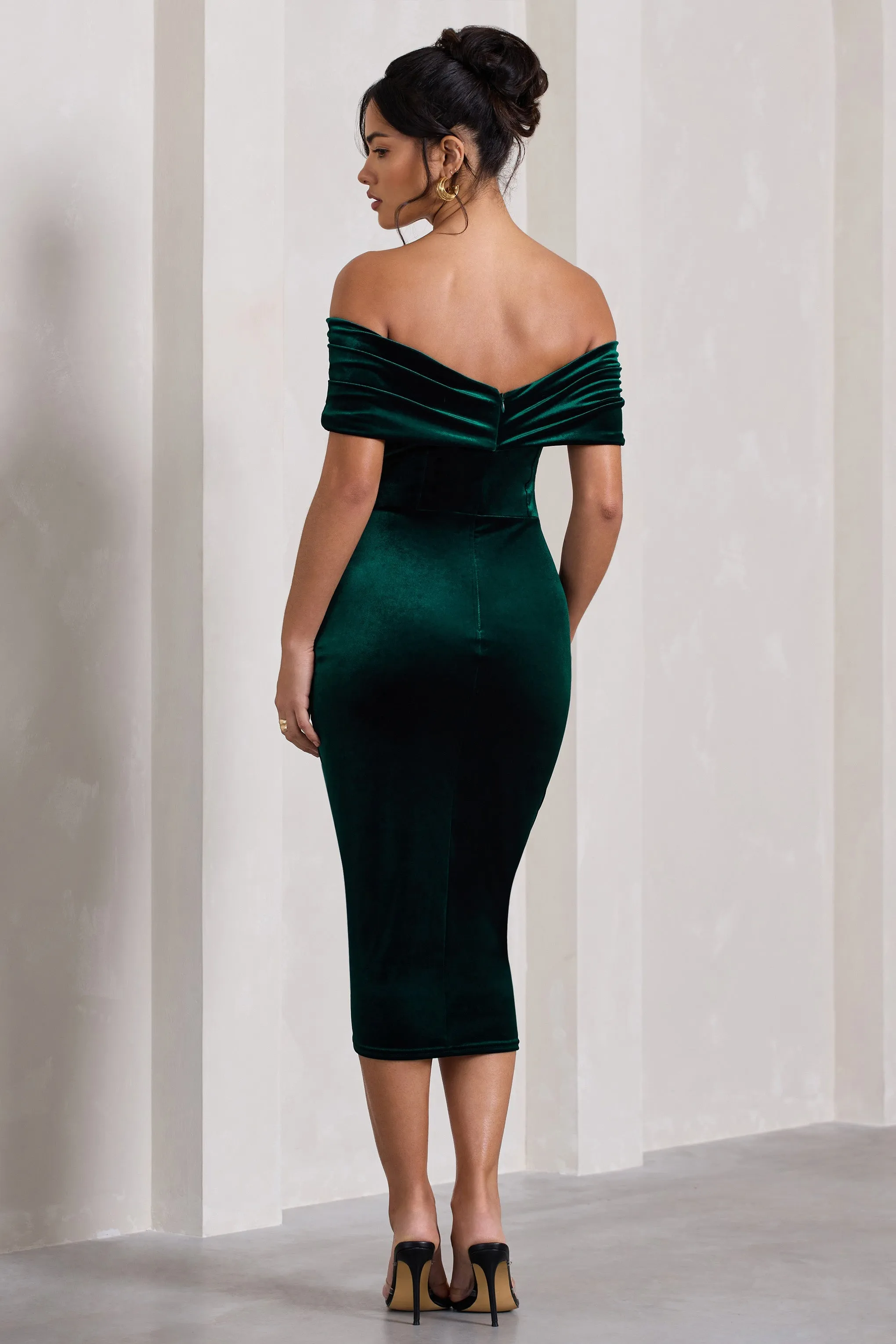 Snowflake | Bottle Green Velvet Bardot Bow Detail Midi Dress