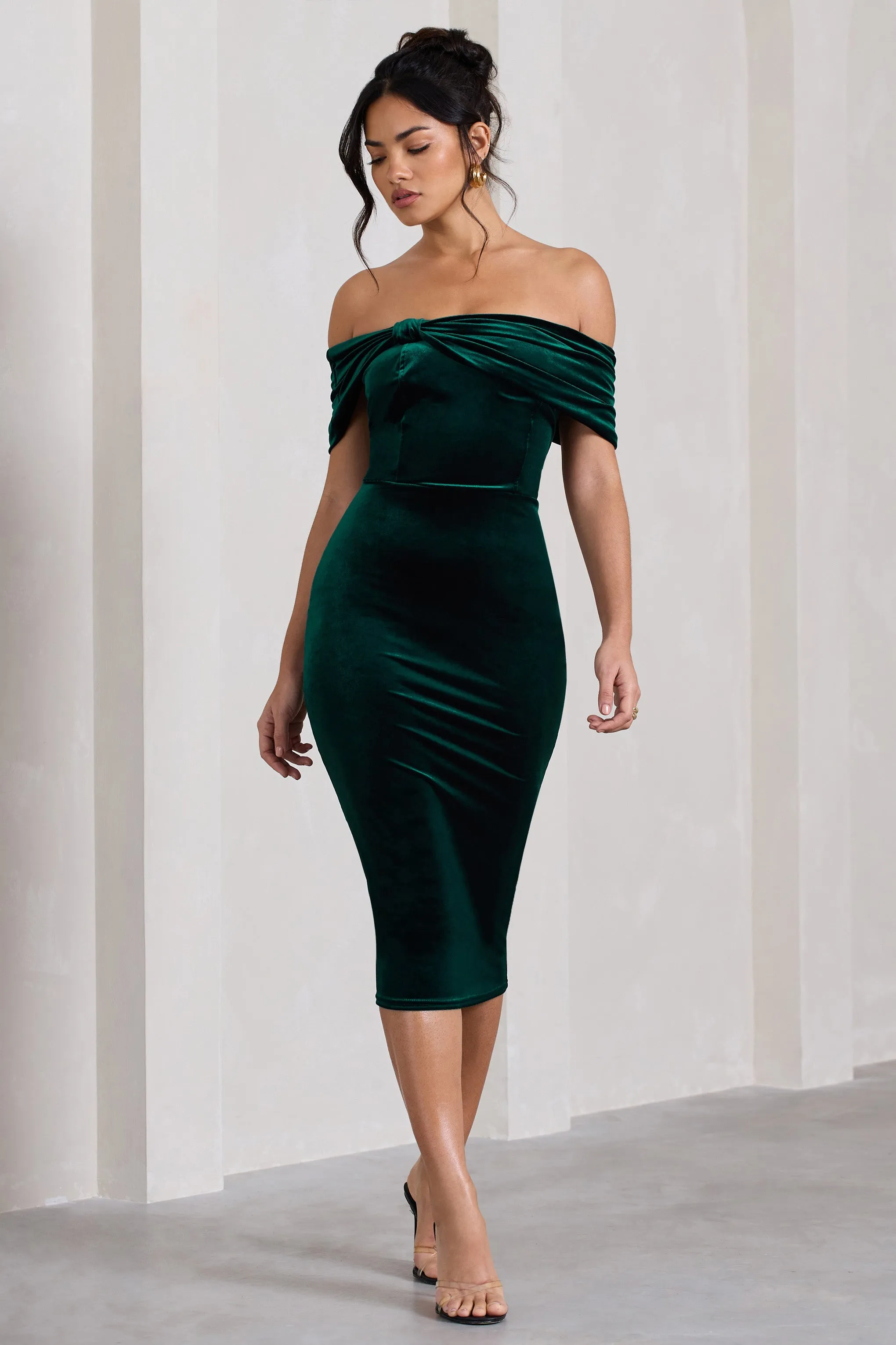 Snowflake | Bottle Green Velvet Bardot Bow Detail Midi Dress