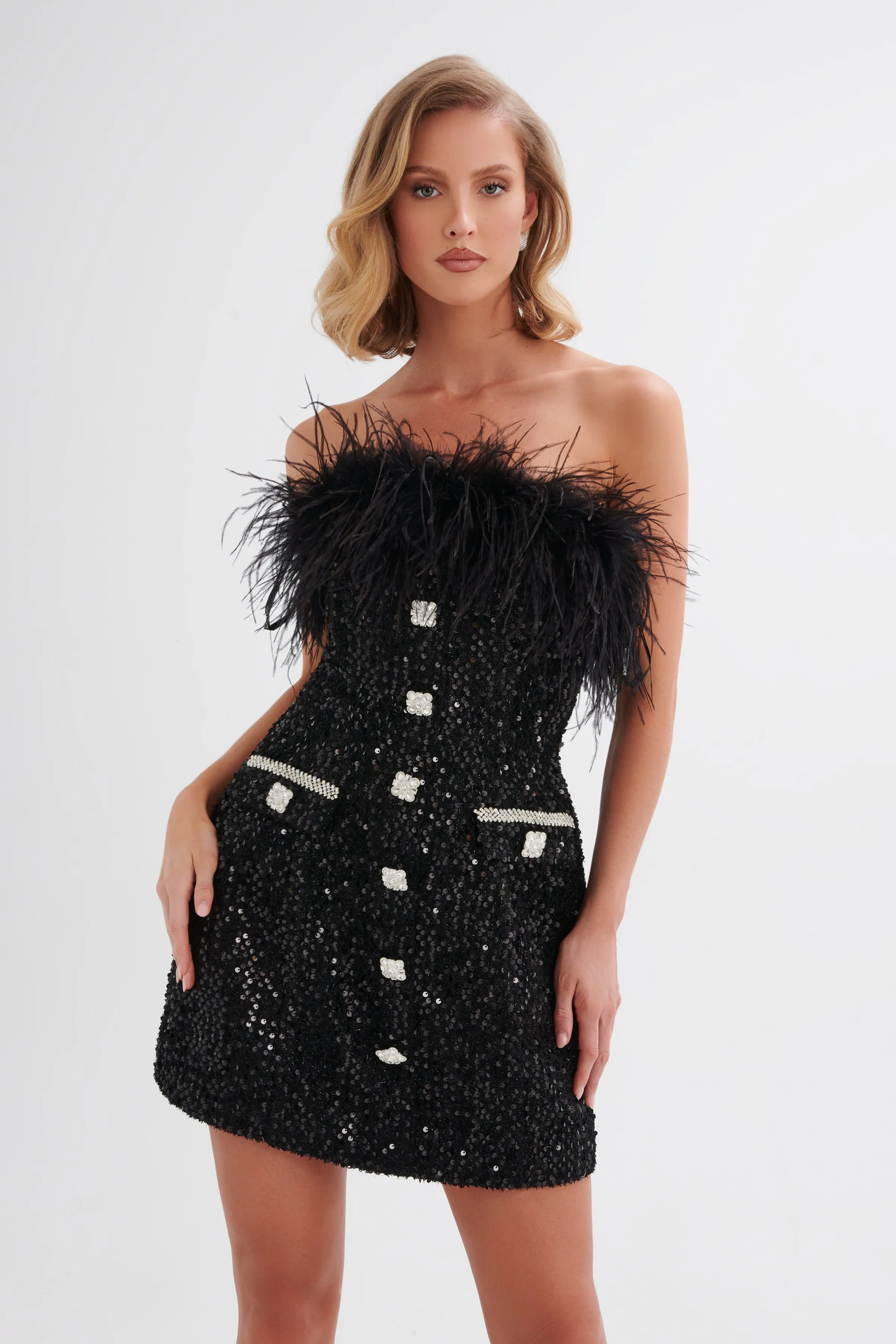 STELLA Sequin Boucle Strapless Feather Mini Dress in Black