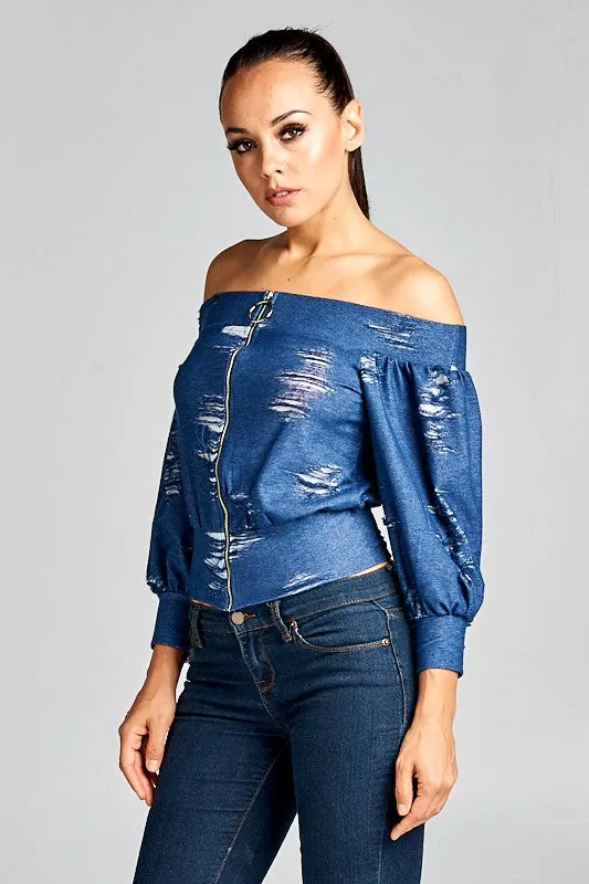 Strapless Distressed Denim Top