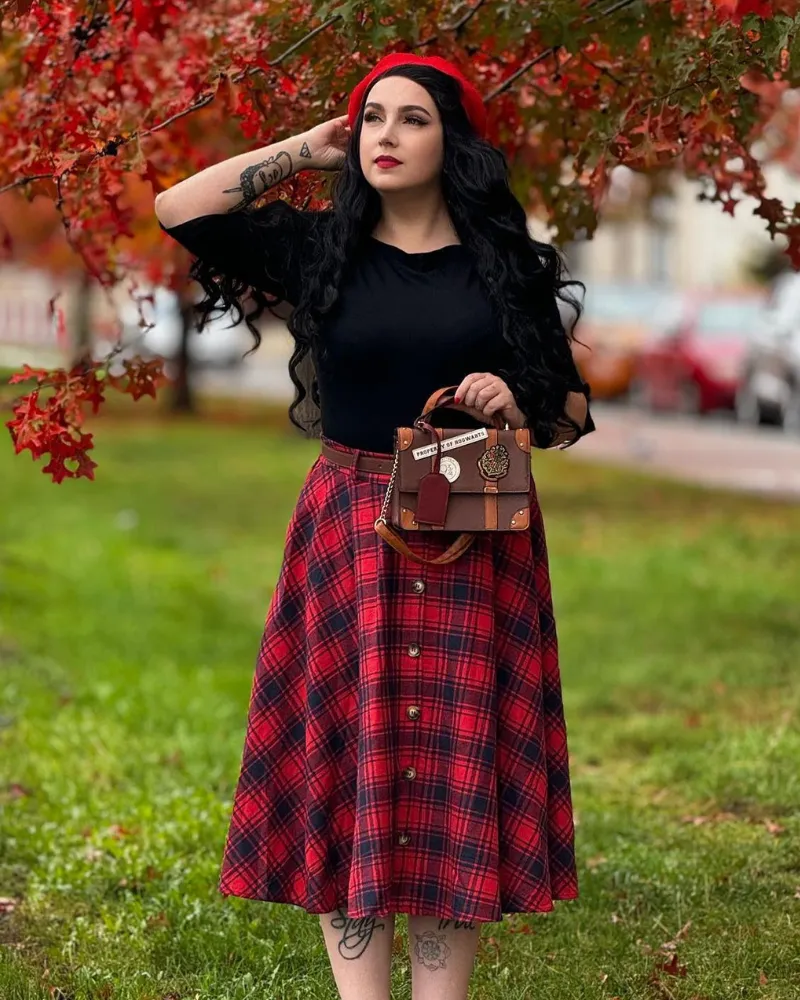 Swing Plaid Skirt with Belt Elastic High Waist Buttons Decorated Skirt