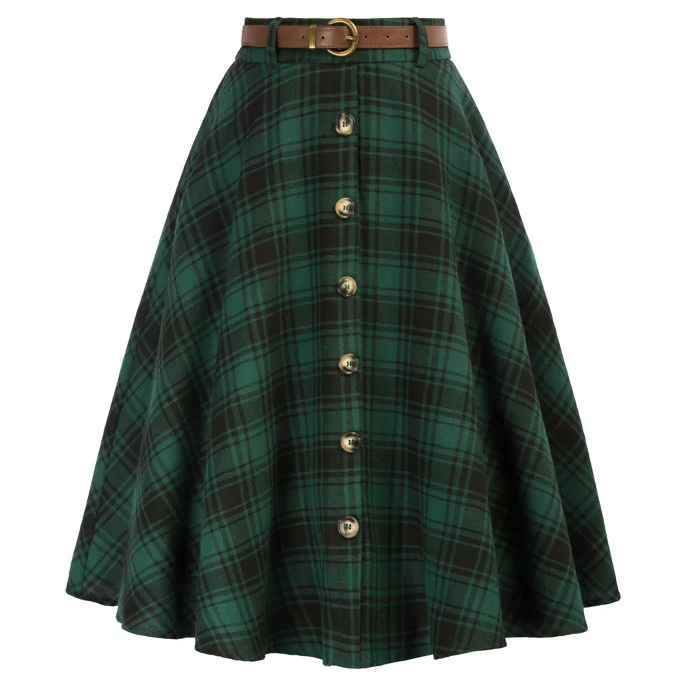 Swing Plaid Skirt with Belt Elastic High Waist Buttons Decorated Skirt