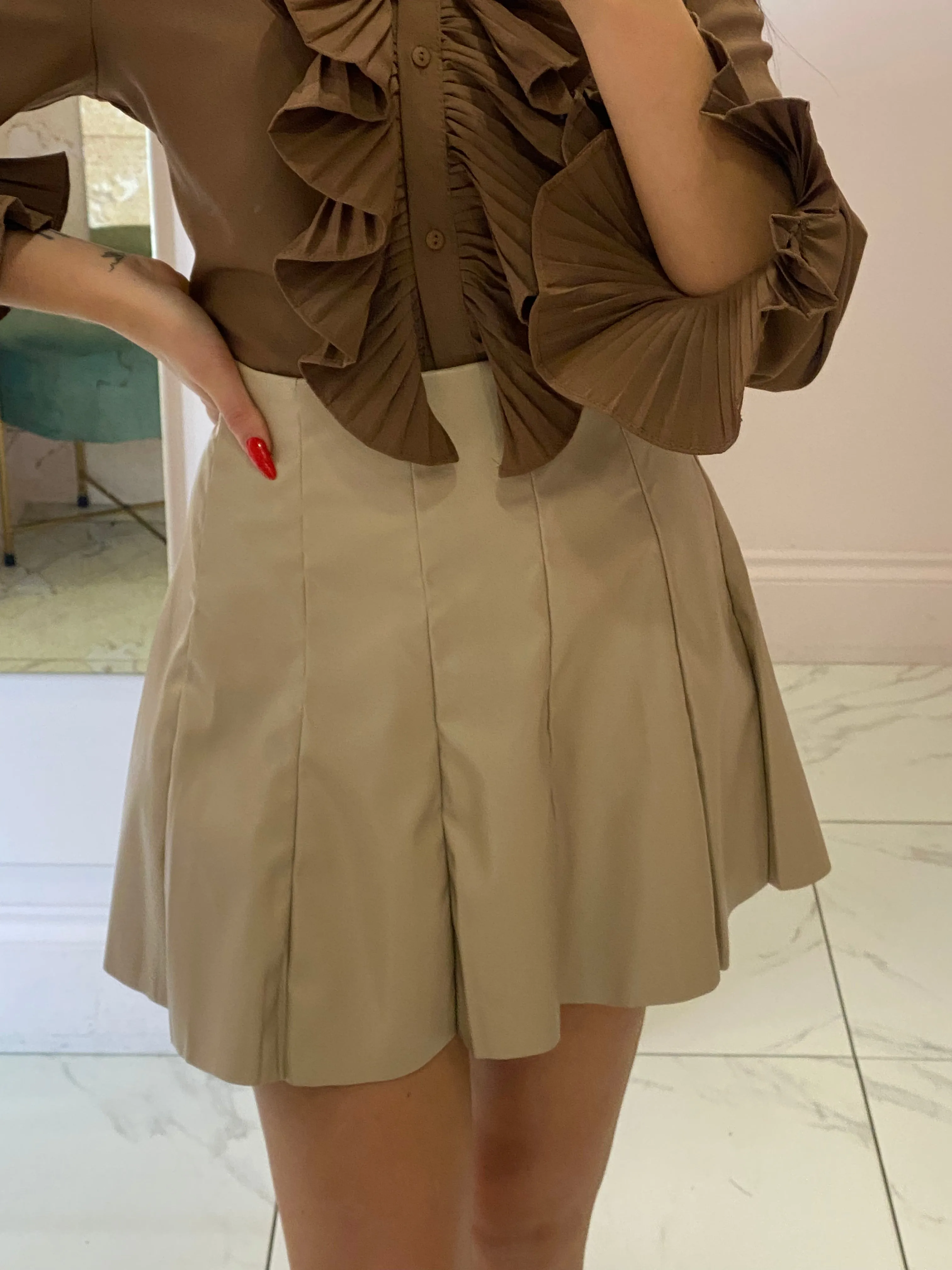 Tasha Cream Pleated Leather Look Skirt