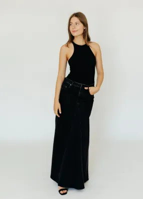 Tibi Black Denim Godet Maxi Skirt