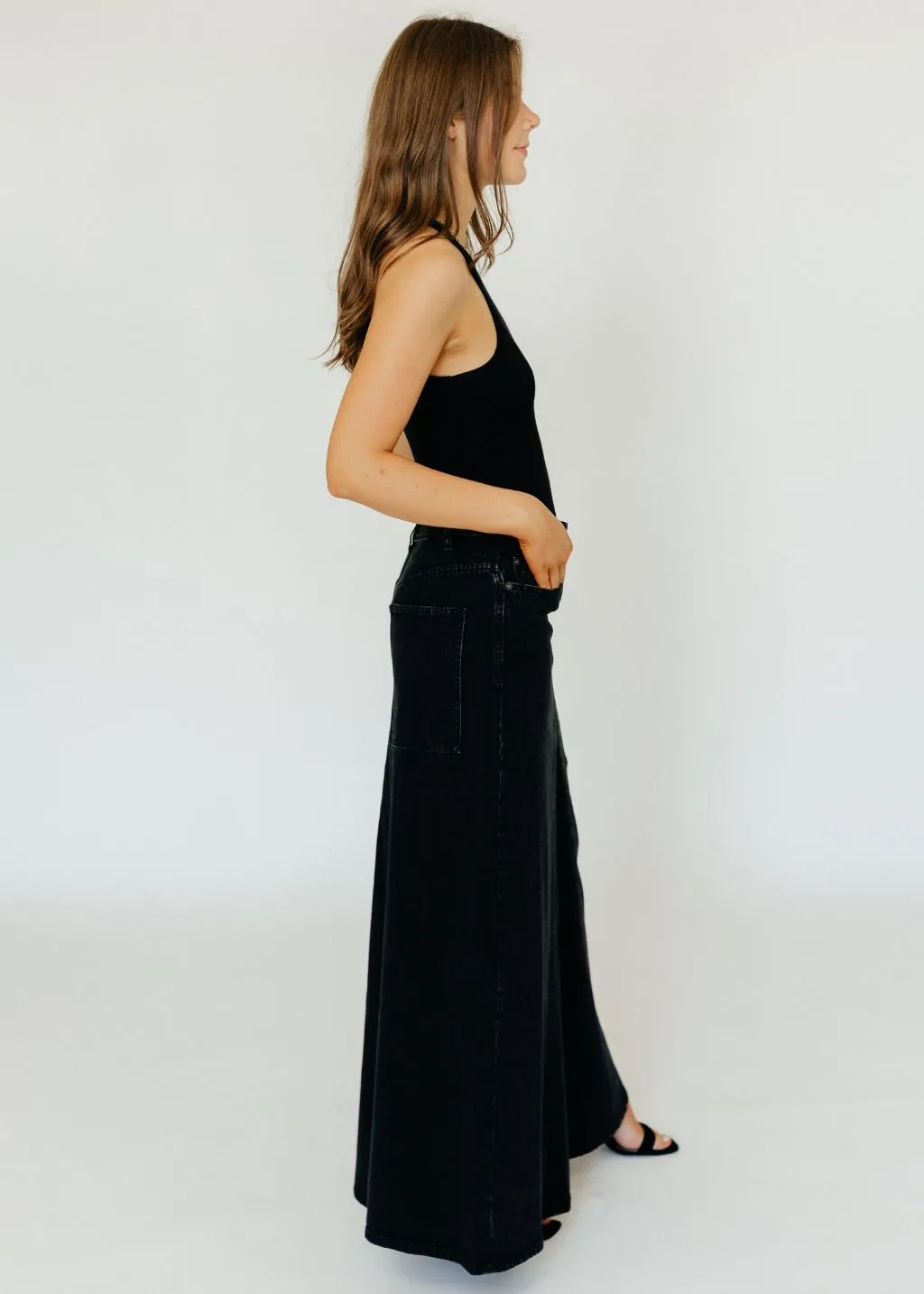 Tibi Black Denim Godet Maxi Skirt