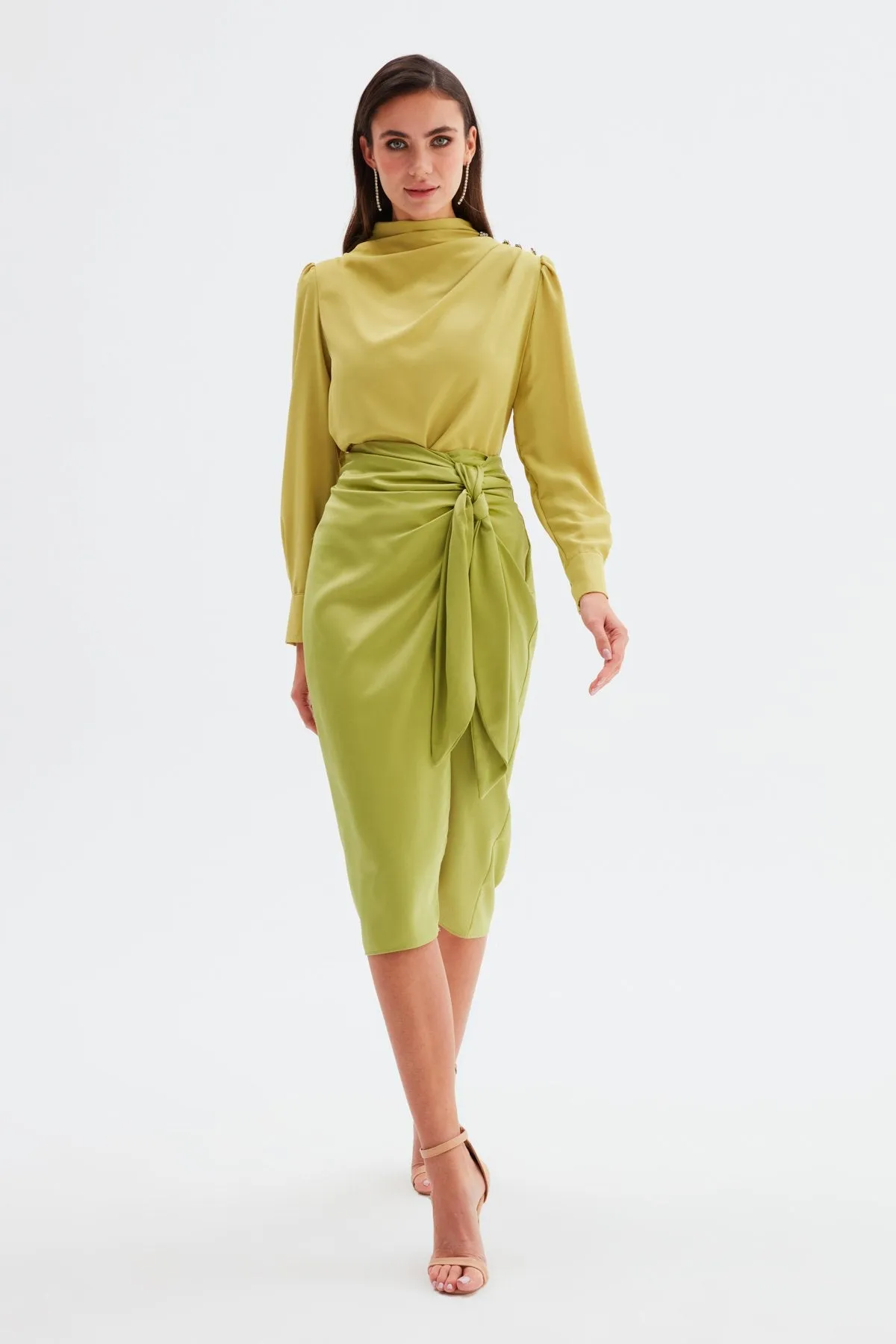 Tied Satin Skirt - Olive