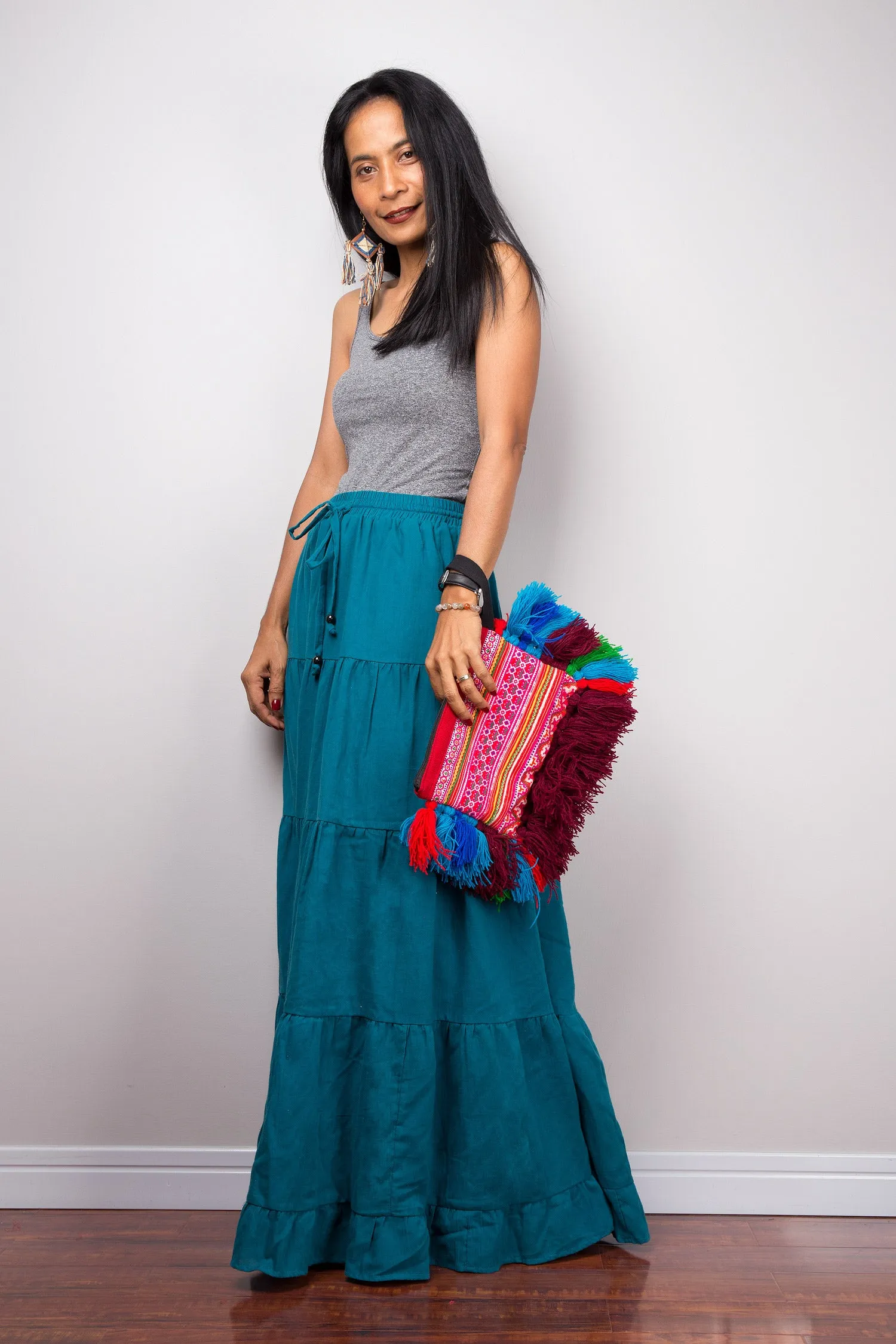 Tiered teal peasant maxi skirt