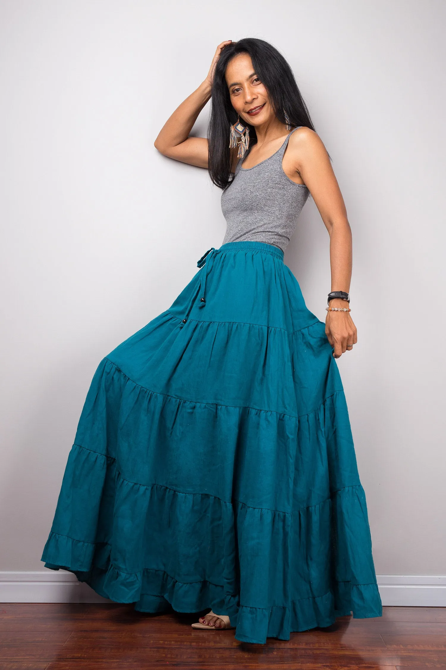 Tiered teal peasant maxi skirt