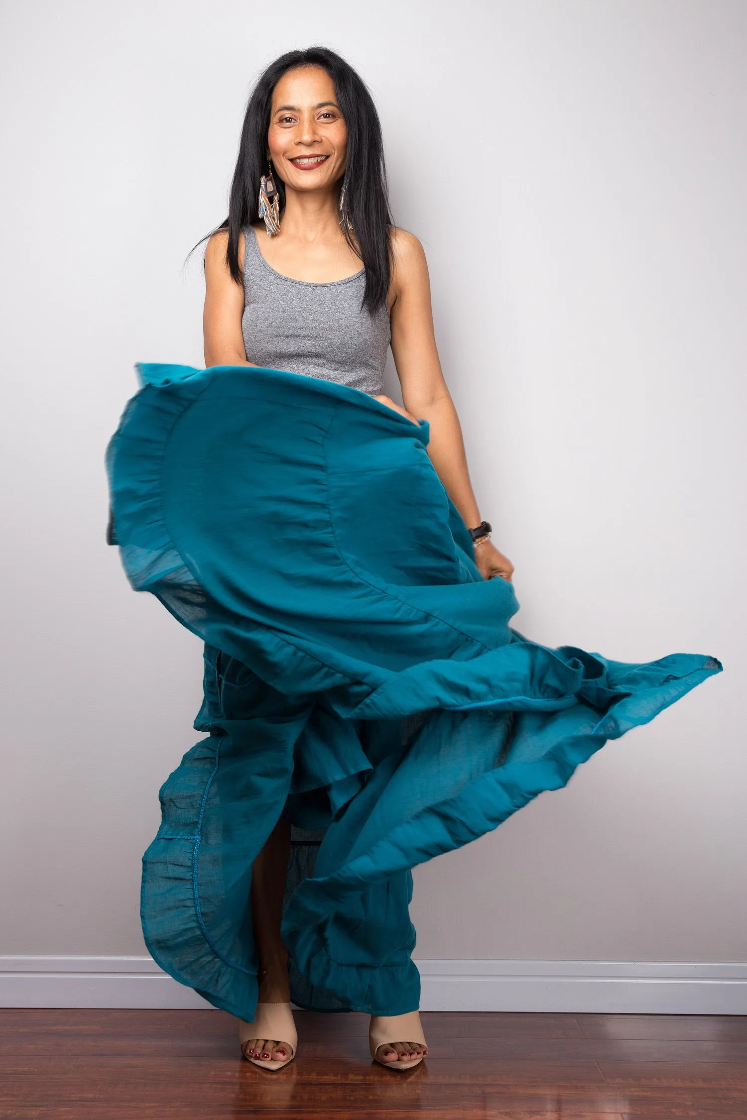 Tiered teal peasant maxi skirt