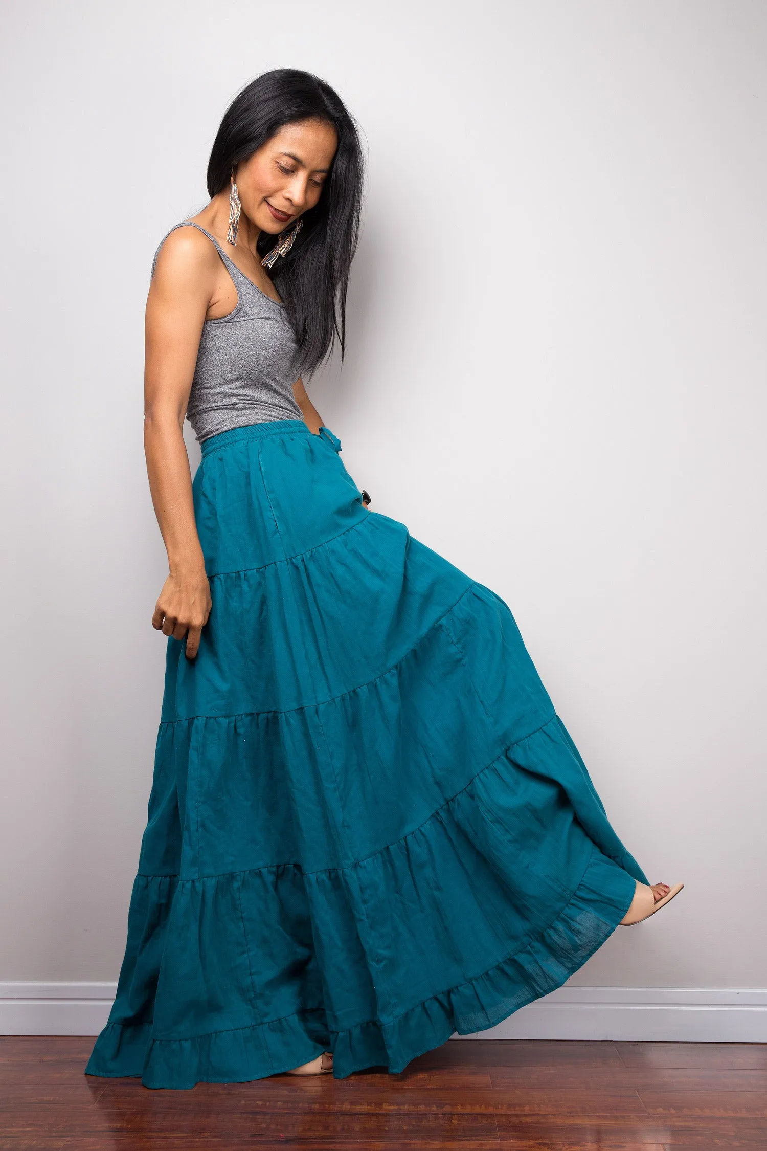 Tiered teal peasant maxi skirt