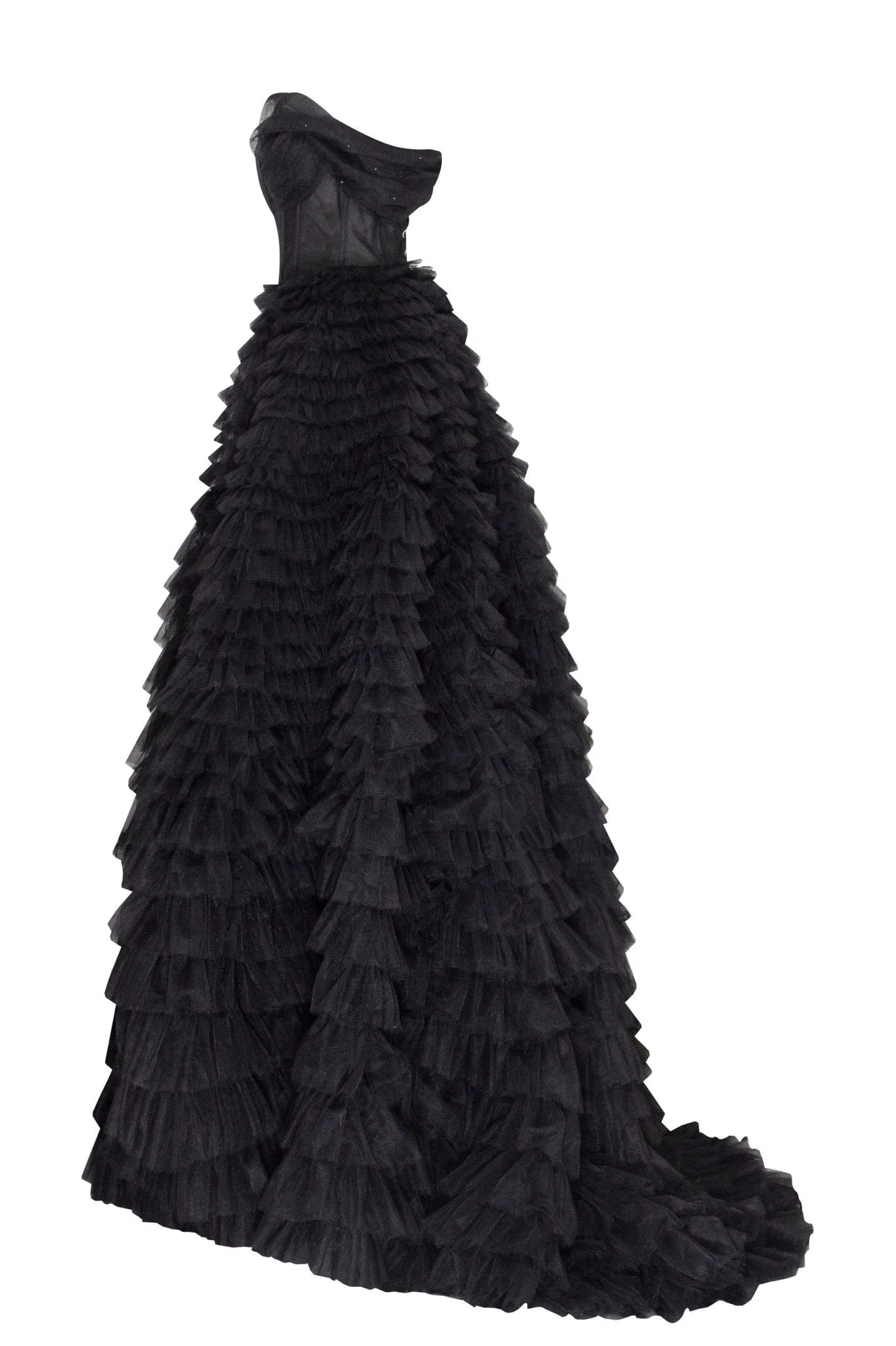 Timeless one-shoulder frill-layered ball gown in black