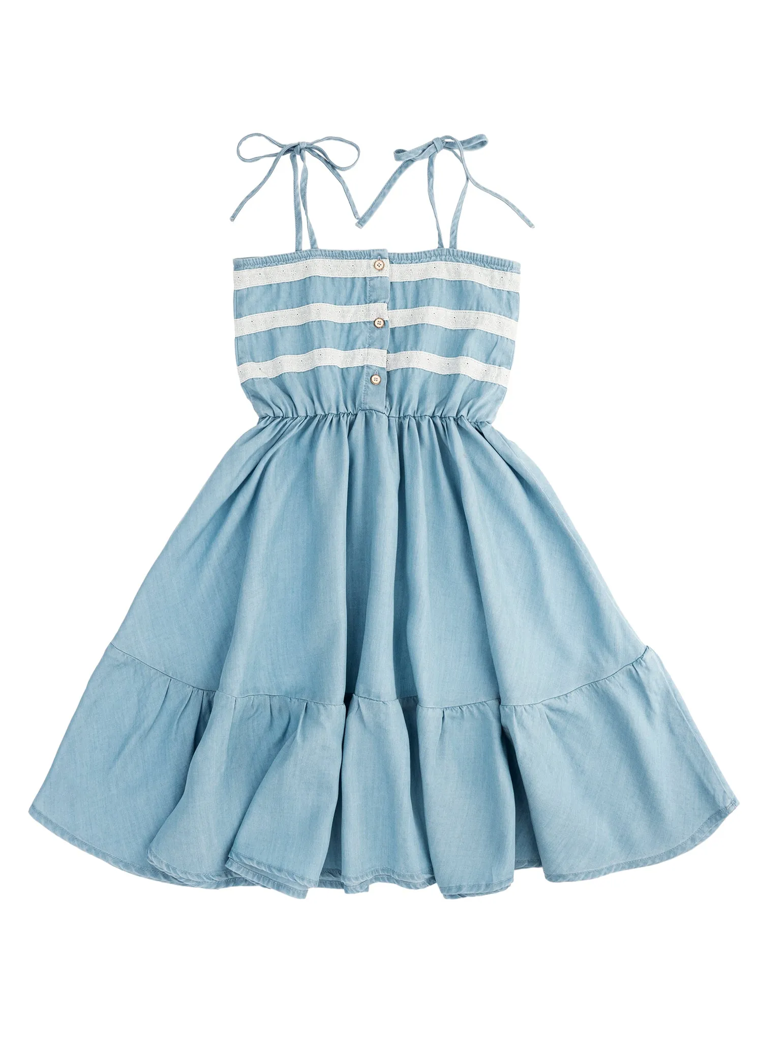 tocoto vintage Chambray and Lace Midi Girls Dress in Blue