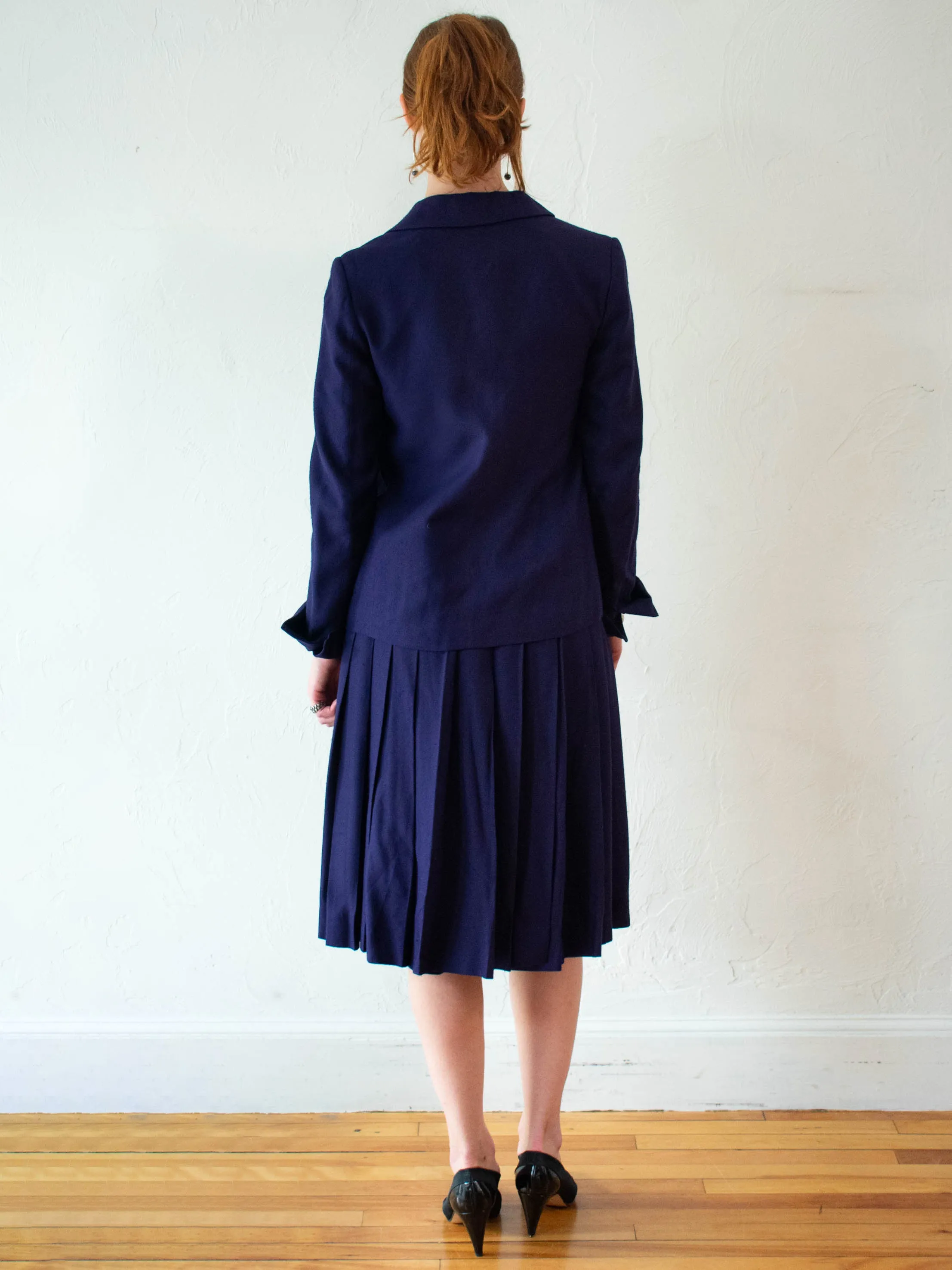 Vintage 1980s Ferragamo Navy Woven Pleated Skirt XS/S