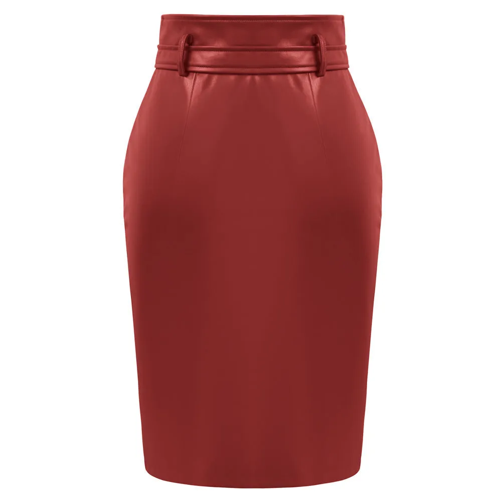 Vintage PU Leather Skirt with Belt High Waist Front Slit Bodycon Skirt=