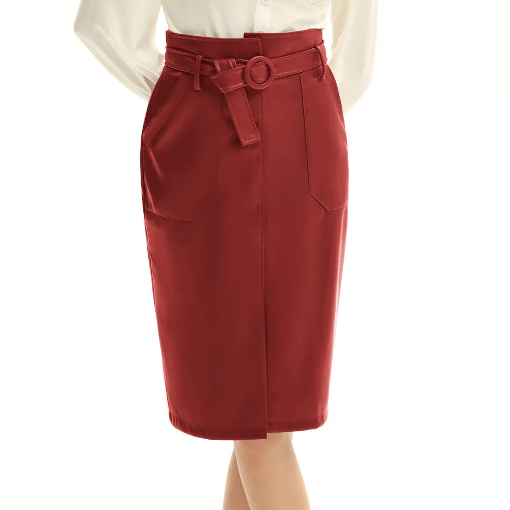 Vintage PU Leather Skirt with Belt High Waist Front Slit Bodycon Skirt=