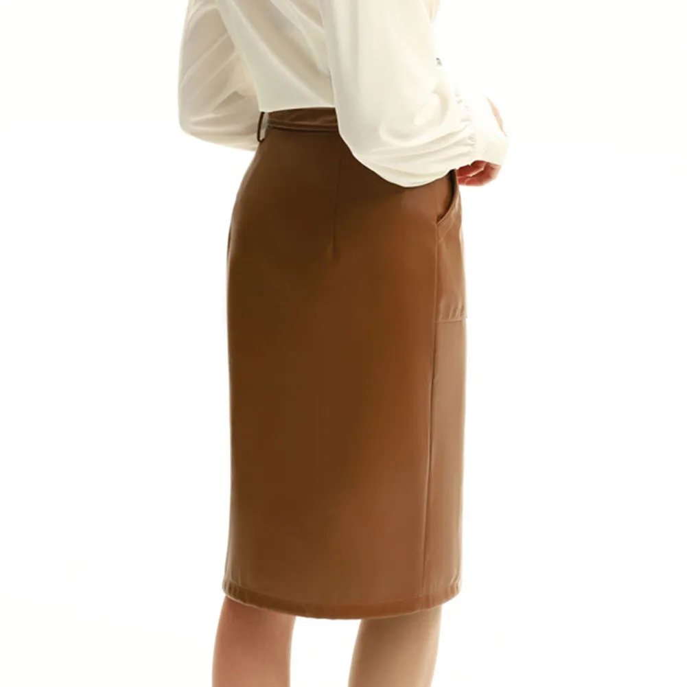 Vintage PU Leather Skirt with Belt High Waist Front Slit Bodycon Skirt=