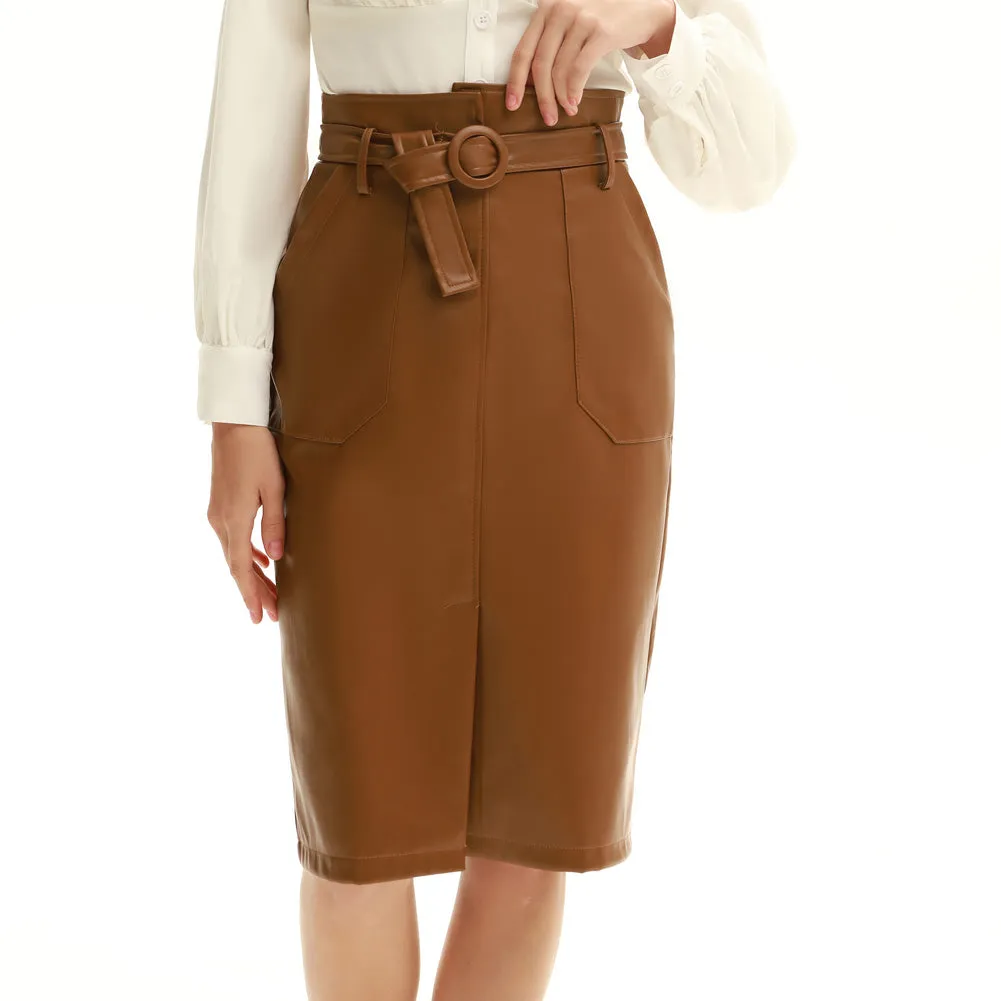 Vintage PU Leather Skirt with Belt High Waist Front Slit Bodycon Skirt=