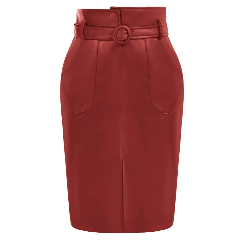 Vintage PU Leather Skirt with Belt High Waist Front Slit Bodycon Skirt=