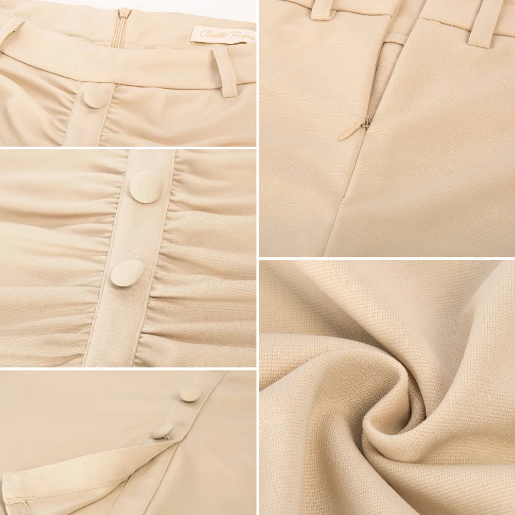 Vintage Ruched Skirt with Belt High Waist Front Slit Knee Length Pencil Skirt