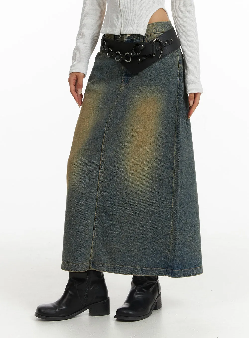 Vintage Washed Denim Maxi Skirt CJ431