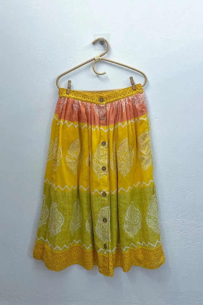 Yellow & Green Chevron Paisley Button Midi Skirt - M